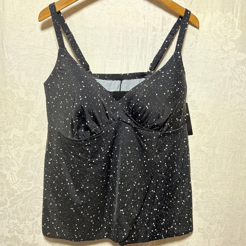 Swimsuits for All Tankini Top 42DD Black White Dots Faux Wrap Built In Bra NEW